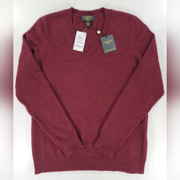 NWT CHARTER CLUB WOMEN'S M 100% CASHMERE SWEATER V-NECK PULLOVER BURGUNDY NEW - Picture 1 of 10